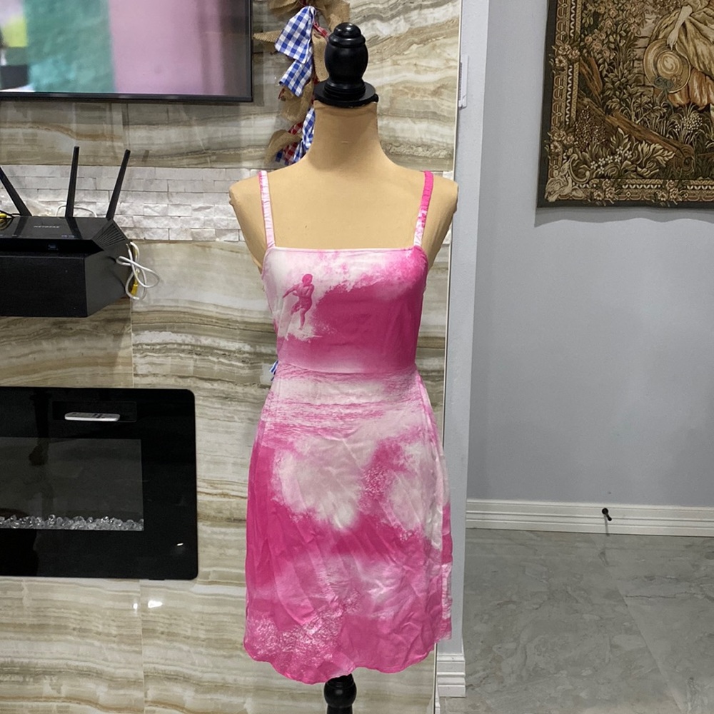 Pink collusion beachwear mini dress. Spaghetti strap.